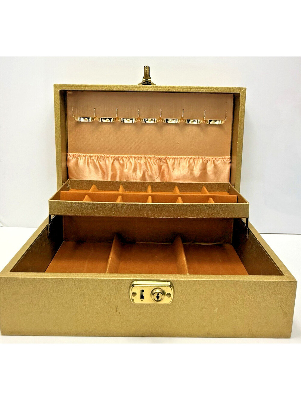 Vtg Jewelry Box Gold Velvet MCM 1960s w/hooks No Key Padded